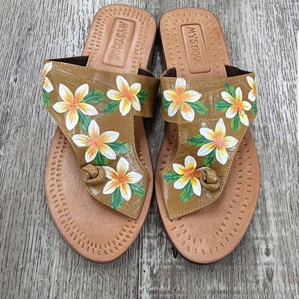 Mystique Hand Painted Flowers Leather Thong Sandals